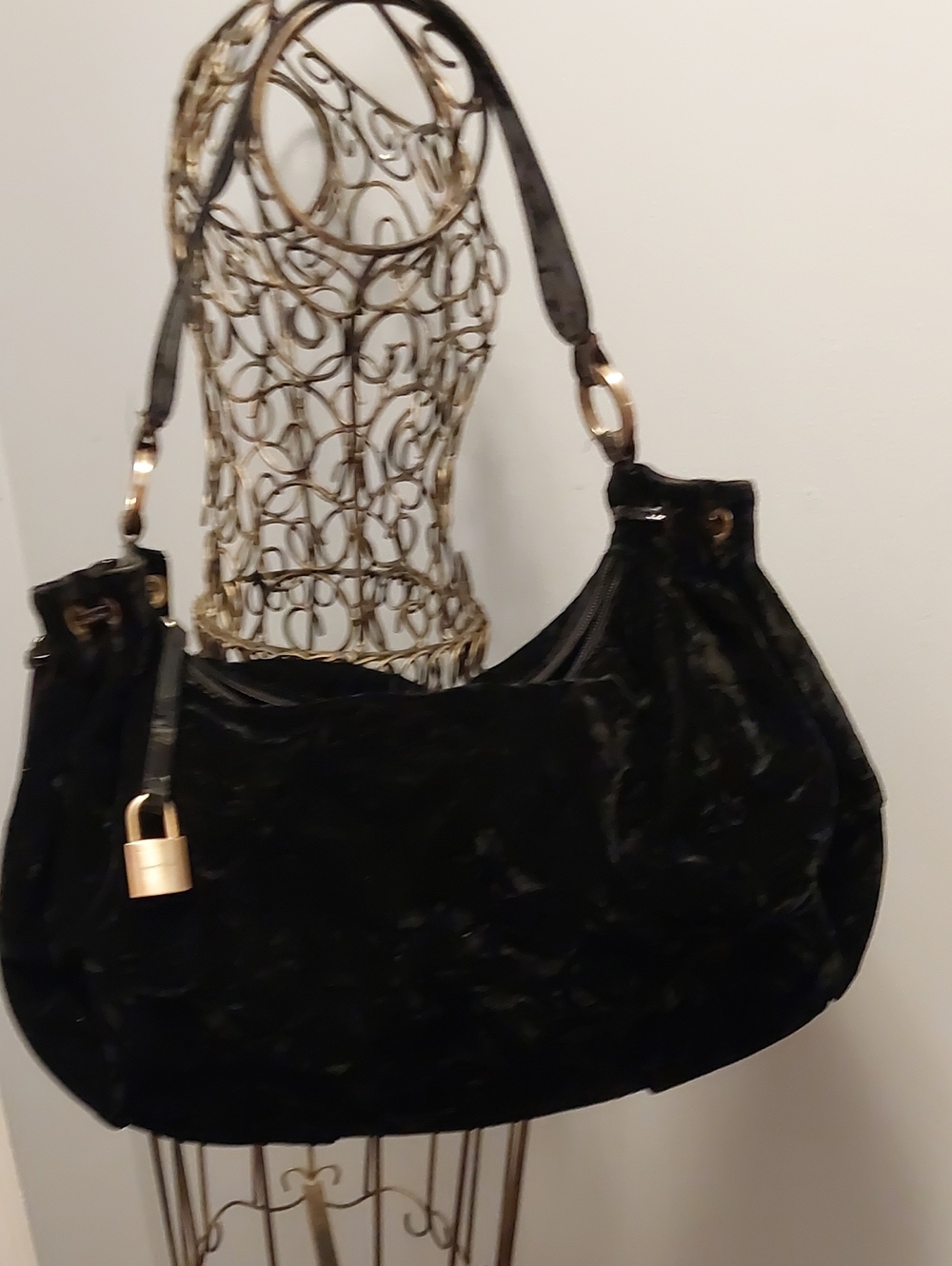 Adrienne Vittadini Black Velvet Shoulder Bag with Gold Hardware